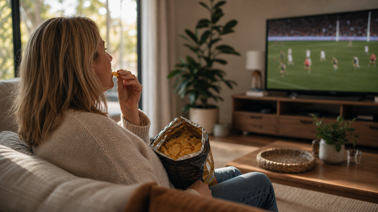 A woman watching the footy while eating chips in a warm living room